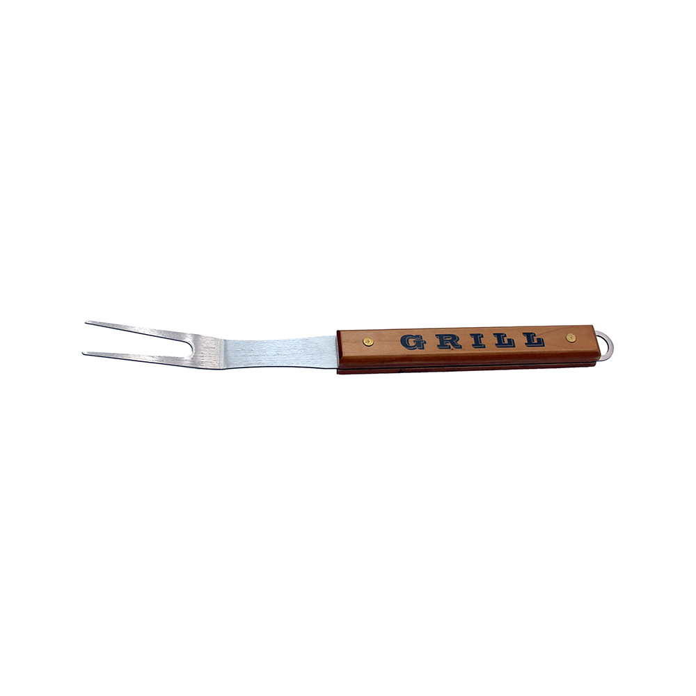 Tenedor para barbacoa con mango de madera.